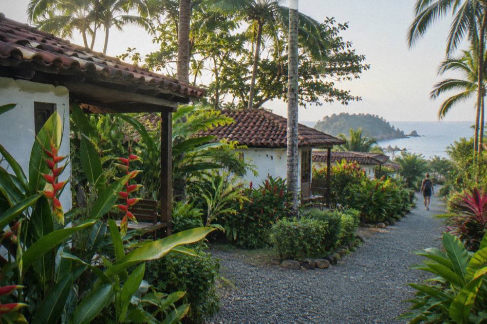 A whitewashed guesthouse cabin with a tiled roof among palms and heliconia in a tropical garden near the beach